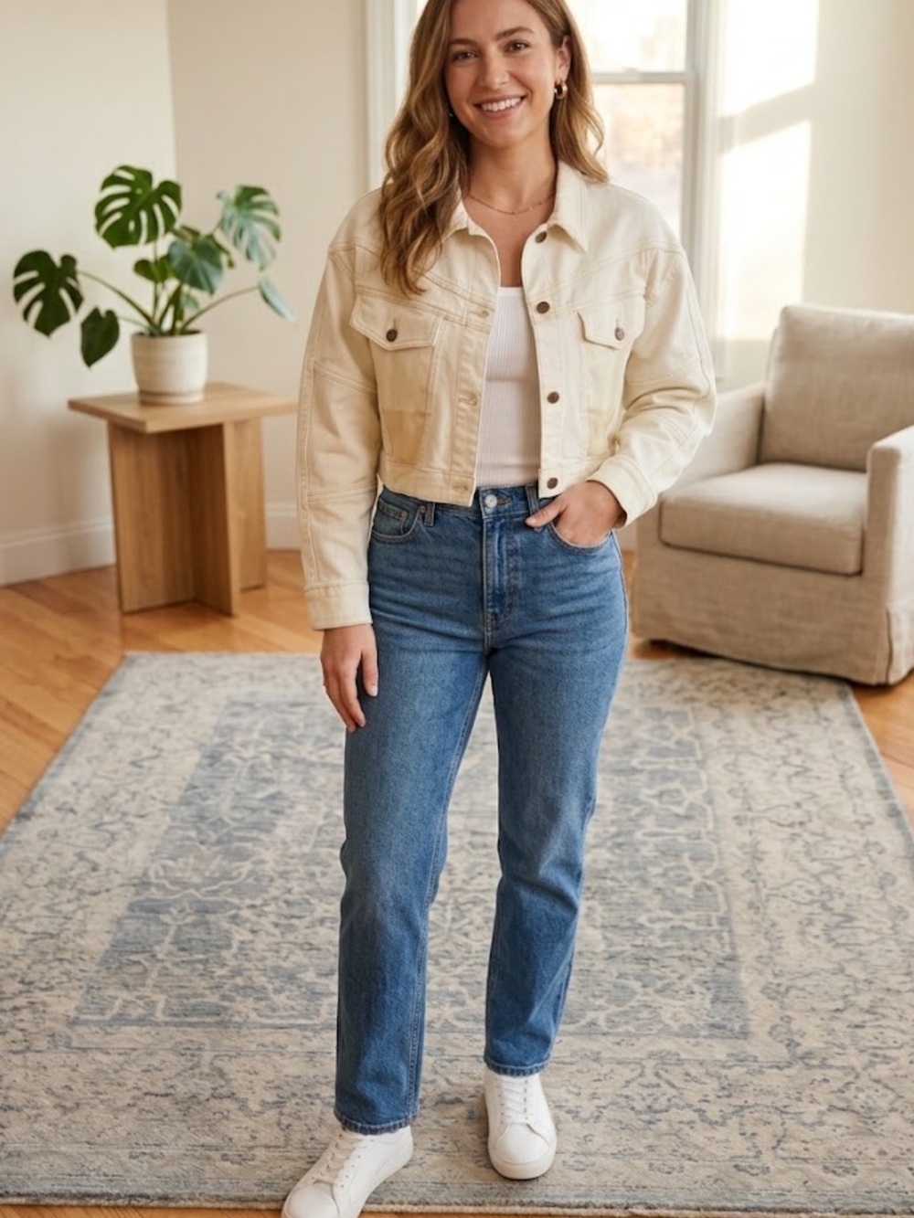 VENUS denim jean jacket multi color of cream NWOT medium cowgirl western stretch